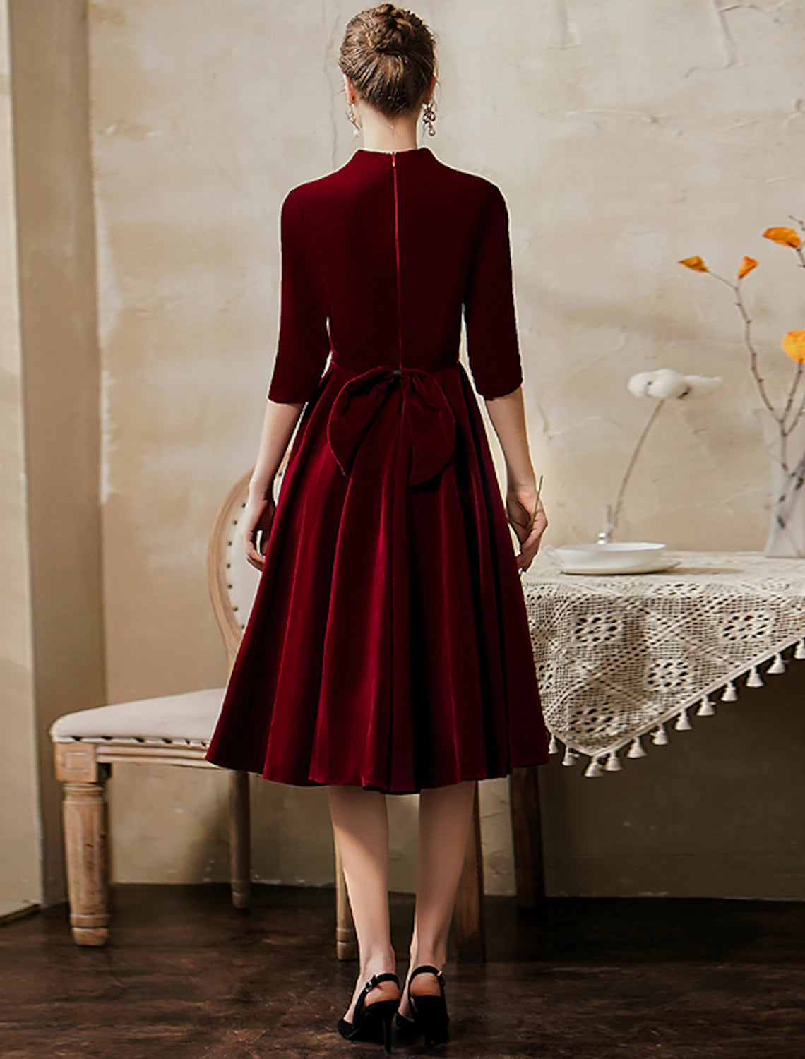 wholesale A-Line Minimalist Vintage Party Wear Cocktail Party Dress V Neck Half Sleeve Tea Length Velvet with Sleek