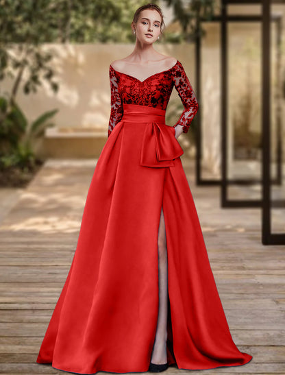 Wholesa  Sheath / Column Evening Gown High Split Dress Formal Wedding Guest Sweep / Brush Train 3/4 Length Sleeve Off Shoulder Charmeuse with Bow(s) Sequin Slit