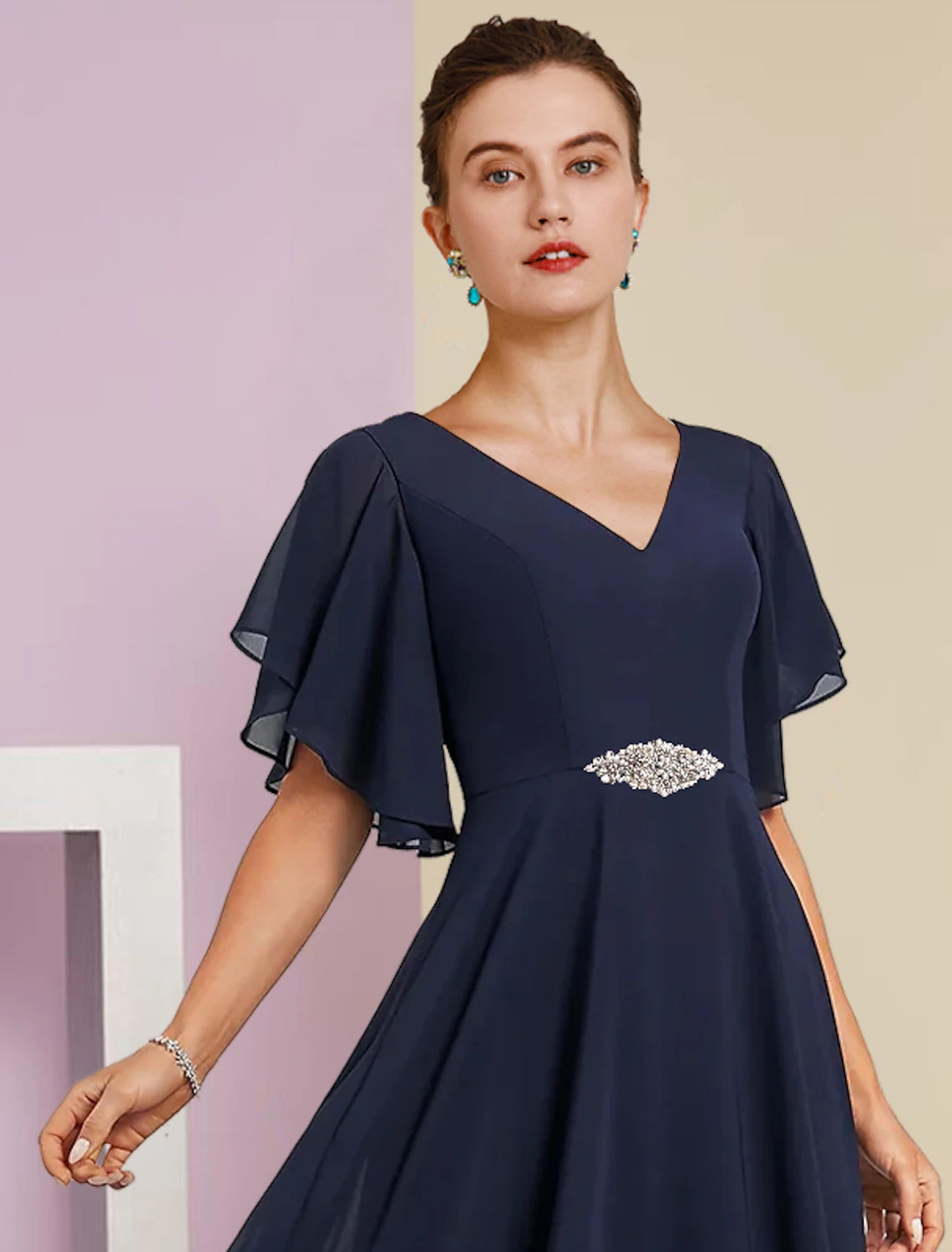 Wholesa  A-Line Mother of the Bride Dress Formal Fall Wedding Guest Elegant V Neck Tea Length Chiffon Lace Short Sleeve with Appliques Crystal Brooch