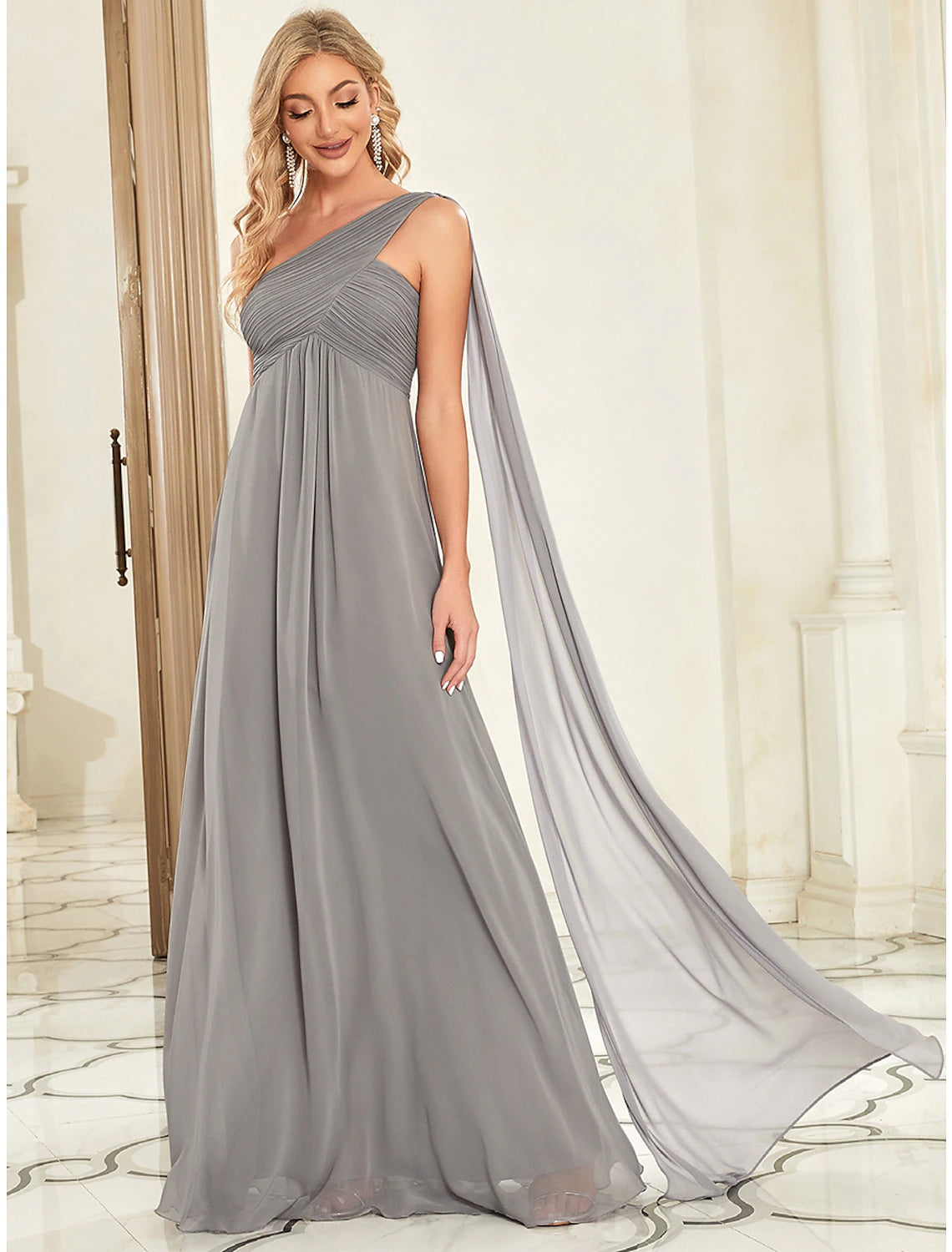 Wholesale A-Line Evening Gown Empire Dress Formal Evening Floor Length Sleeveless One Shoulder Bridesmaid Dress Chiffon Backless with Pleats Draping