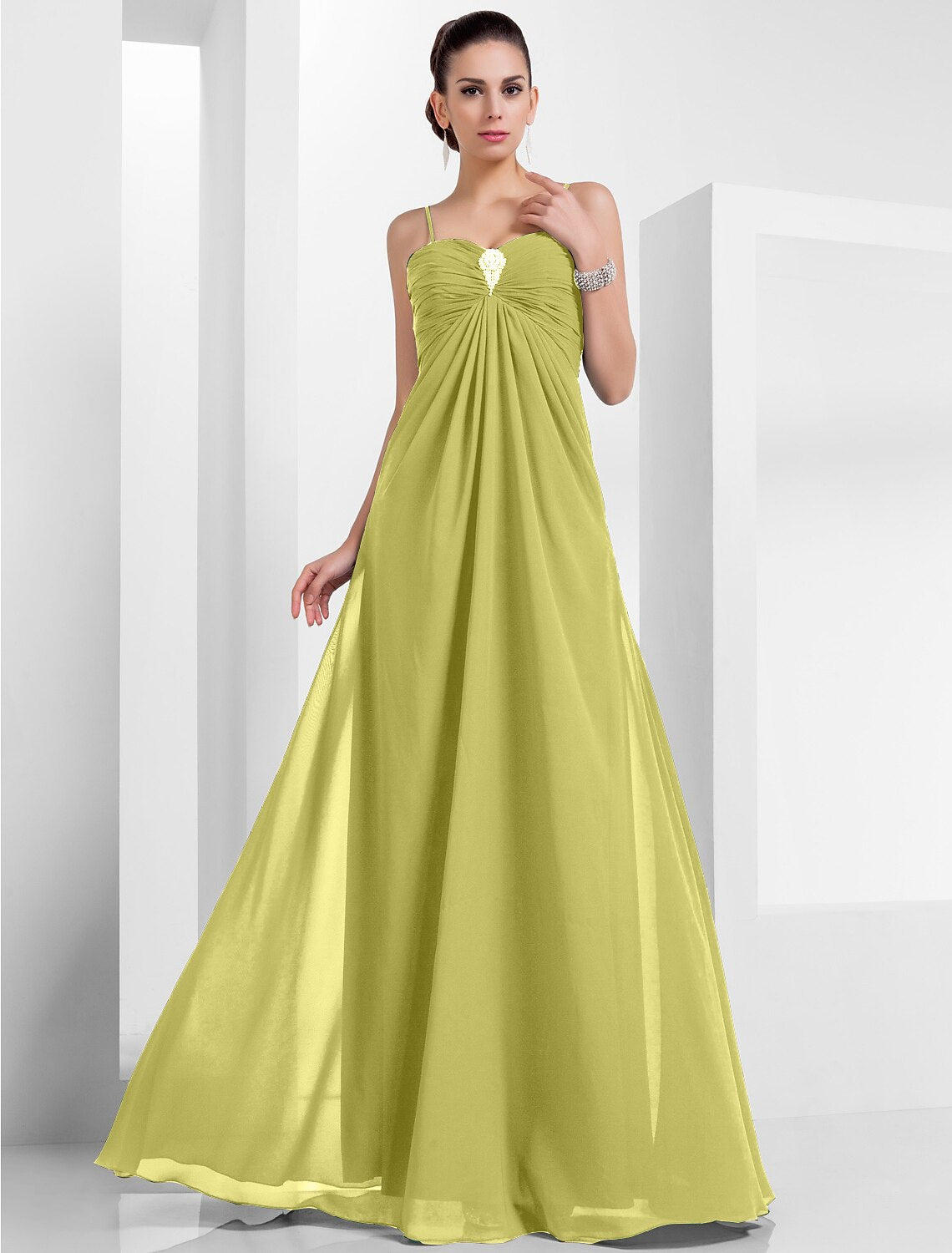 Wholesa A-Line Empire Holiday Formal Evening Dress Spaghetti Strap Sleeveless Floor Length Chiffon with Crystals