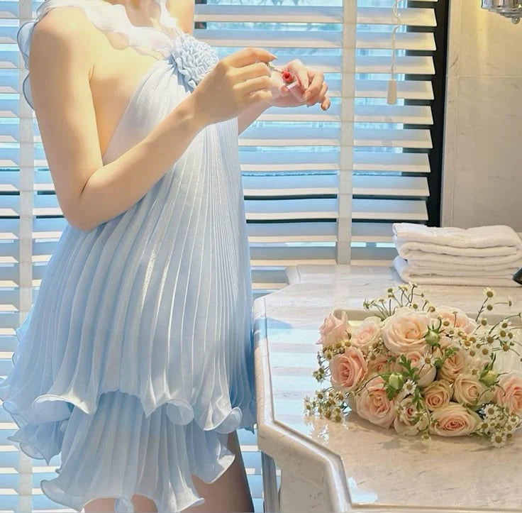 Aimishang Cute A Line Blue Sleeveless Pleated Short Birthday Party Dress Yellow Lovely Homecoming Dress
