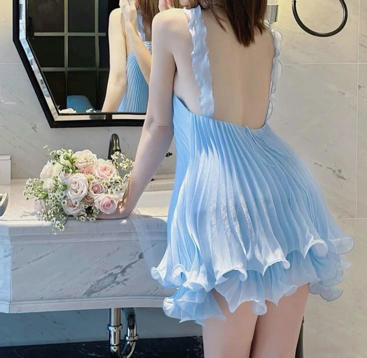 Aimishang Cute A Line Blue Sleeveless Pleated Short Birthday Party Dress Yellow Lovely Homecoming Dress