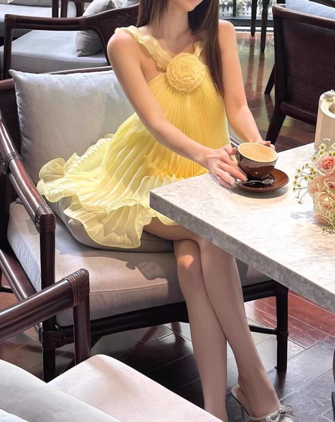 Aimishang Cute A Line Blue Sleeveless Pleated Short Birthday Party Dress Yellow Lovely Homecoming Dress