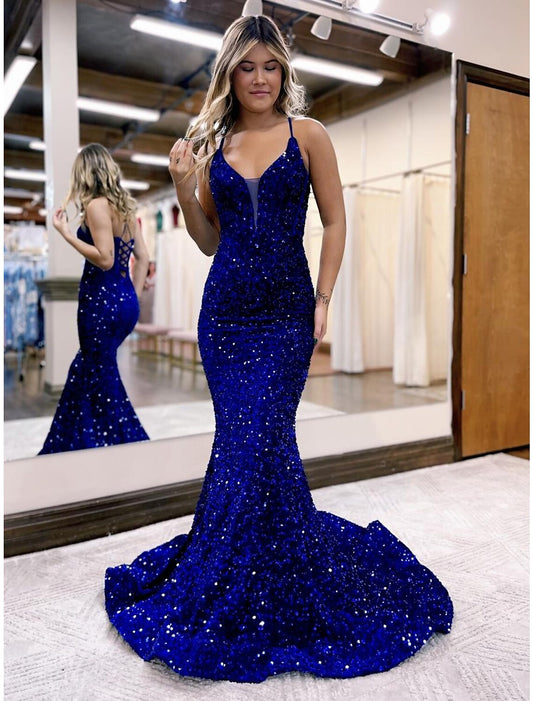 Wholesa Mermaid / Trumpet Evening Gown Sparkle & Shine Dress Formal Prom Court Train Sleeveless V Neck Sequined Backless with Sequin