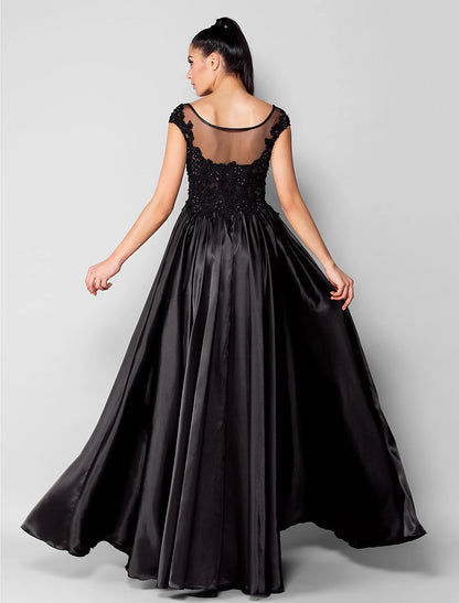 Wholesa Ball Gown Minimalist Formal Evening Dress Illusion Neck Short Sleeve Floor Length Stretch Satin with Beading Appliques