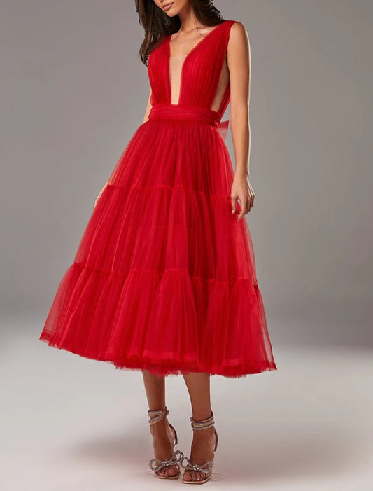 Aimishang A-Line Prom Dresses Princess Dress Wedding Guest Tea Length Sleeveless V Neck Tulle with Bow(s) Pleats
