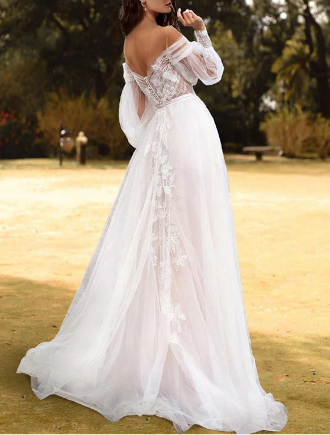 Wholesa Beach Wedding Dresses A-Line Off Shoulder Long Sleeve Sweep / Brush Train Lace Bridal Gowns With Pleats Appliques