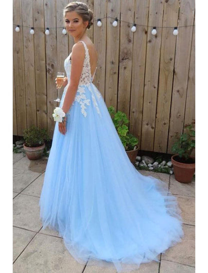 Wholesale A-line/Princess V Neck Sleeveless Court Train Tulle Prom Dress With Appliqued