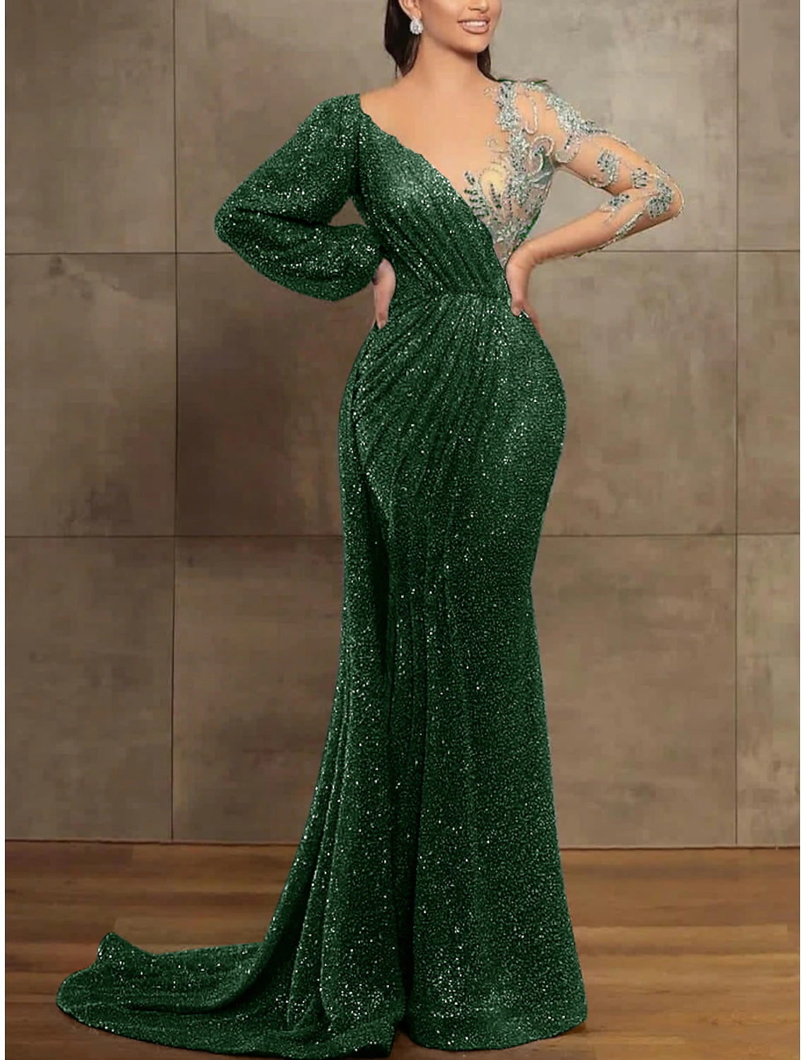 Aimishang Mermaid / Trumpet Evening Gown Elegant Formal Dress Red Green Dress Long Sleeve Sequined Long Prom Dress with Pleats