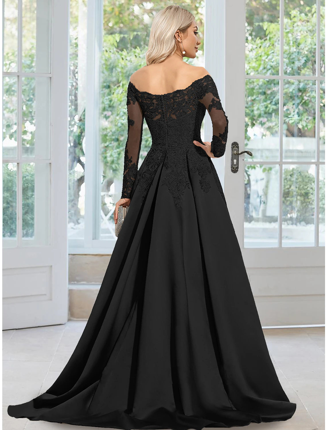 Wholesa A-Line Evening Gown Floral Dress Formal Wedding Guest Court Train Long Sleeve Off Shoulder Satin with Appliques