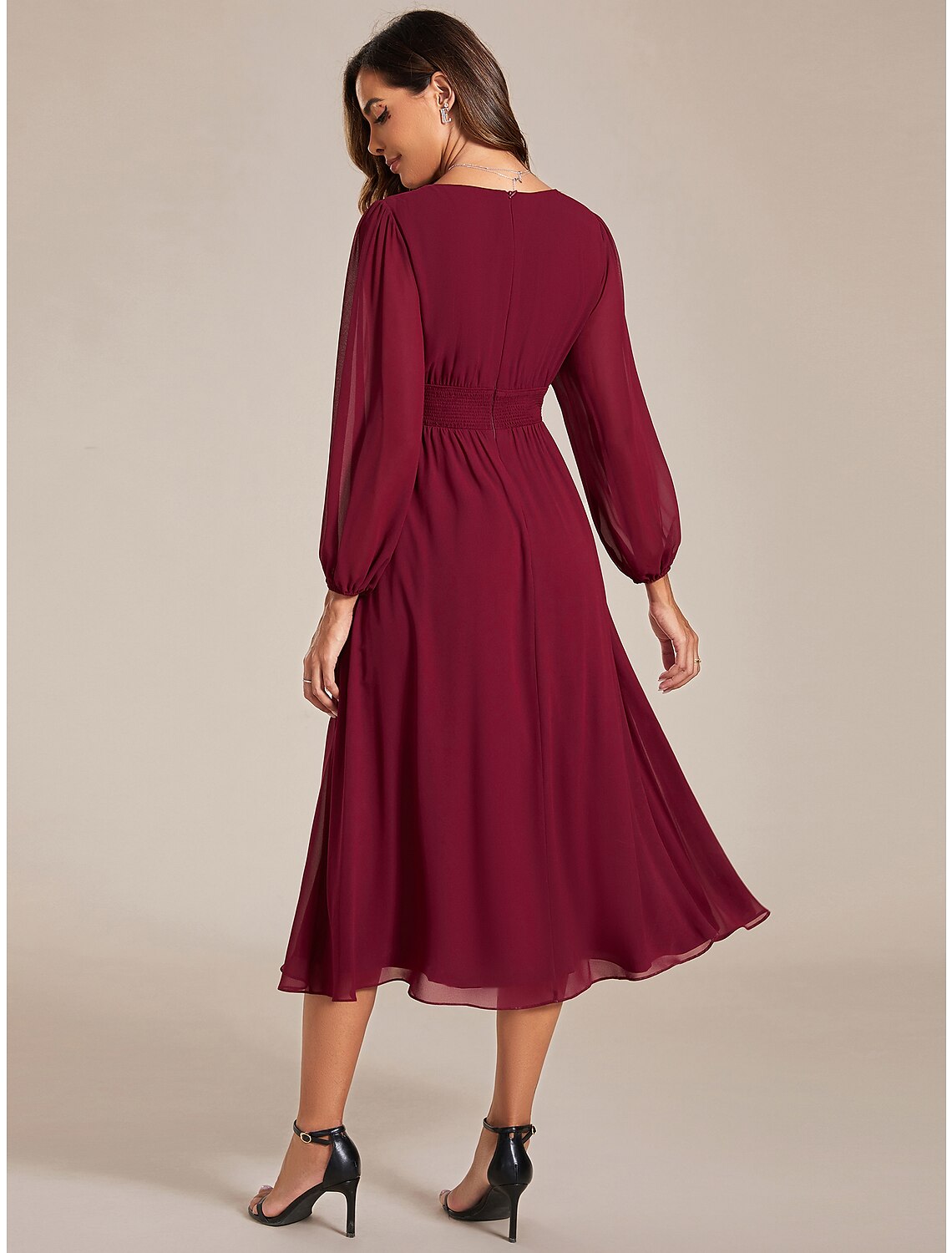 Wholesale A-Line Wedding Guest Dresses Elegant Dress Wedding Tea Length Long Sleeve V Neck Chiffon with Ruched