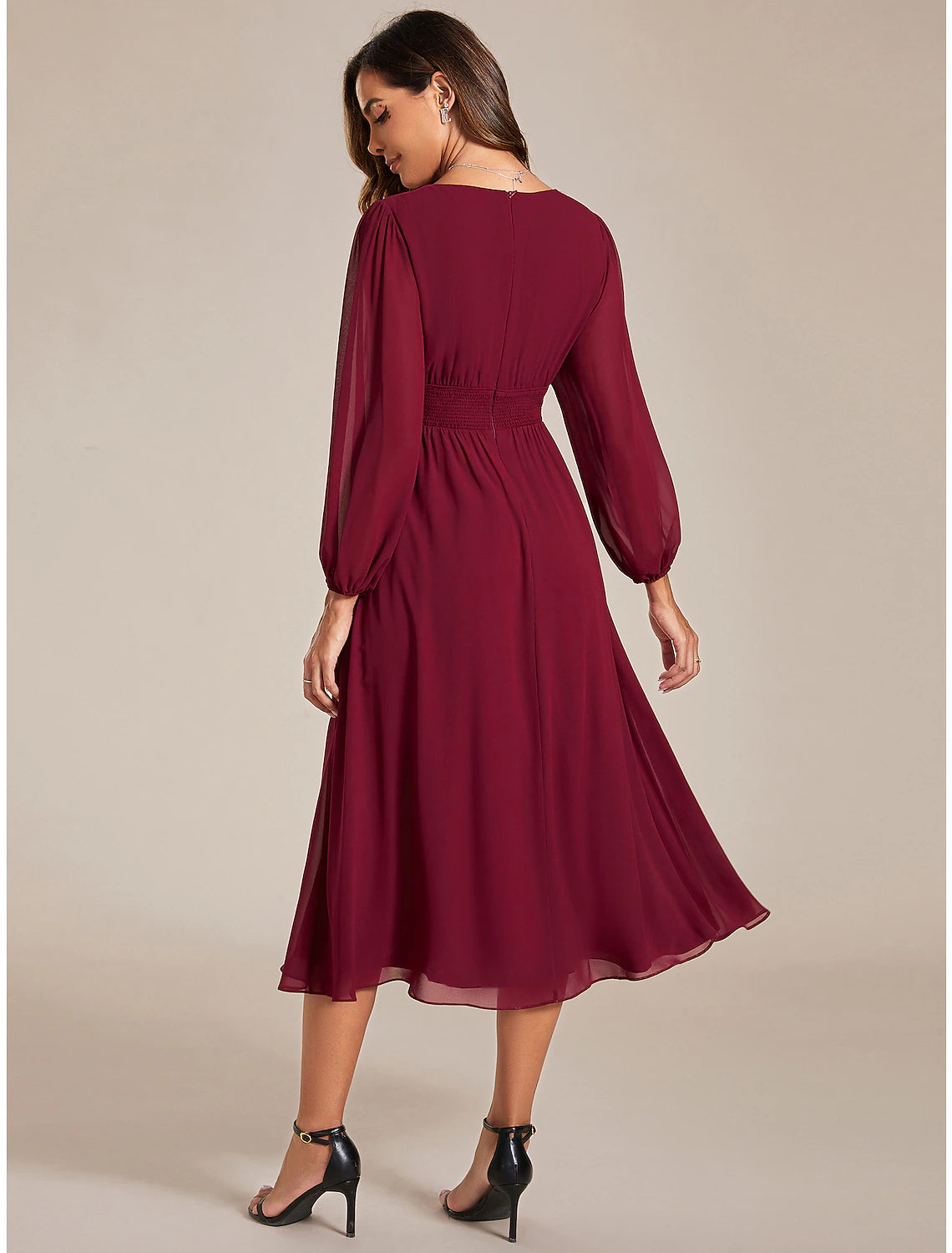 Wholesa  A-Line Wedding Guest Party Dress Elegant Dress Wedding Fall Tea Length Long Sleeve V Neck Chiffon with Ruched