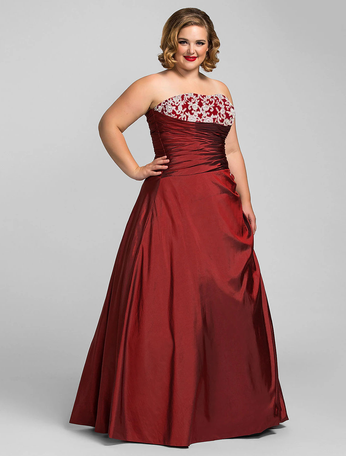 Wholesa Ball Gown Plus Size Prom Formal Evening Dress Strapless Sleeveless Floor Length Taffeta with Beading Appliques