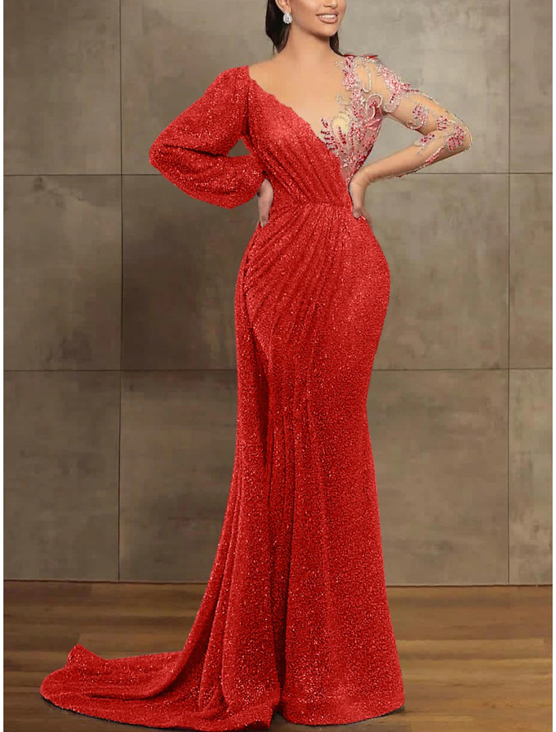 Aimishang Mermaid / Trumpet Evening Gown Elegant Formal Dress Red Green Dress Long Sleeve Sequined Long Prom Dress with Pleats