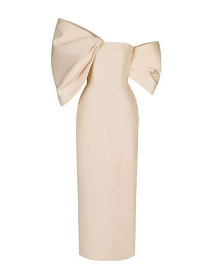 Wholesa Sheath / Column Evening Gown Elegant Dress Formal Tea Length Half Sleeve Off Shoulder Satin with Bow(s) Ruched