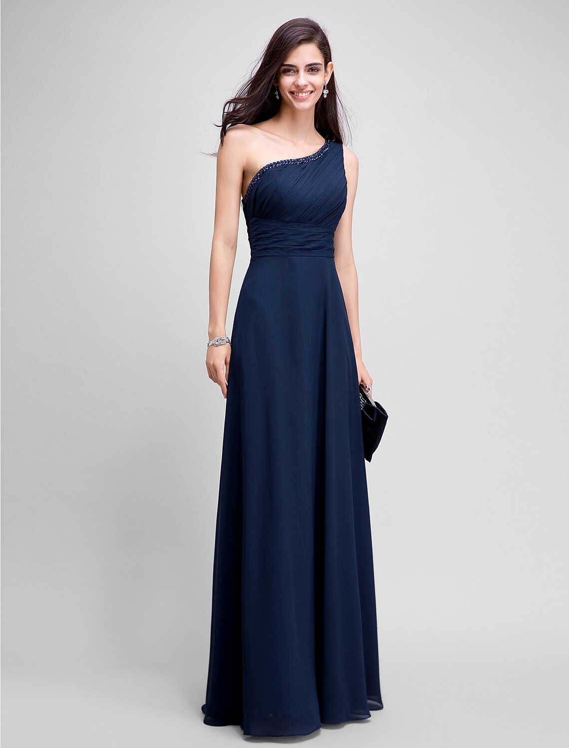 Wholesa Sheath / Column Empire Dress Wedding Guest Formal Evening Floor Length Sleeveless One Shoulder Bridesmaid Dress Chiffon with Ruched Beading