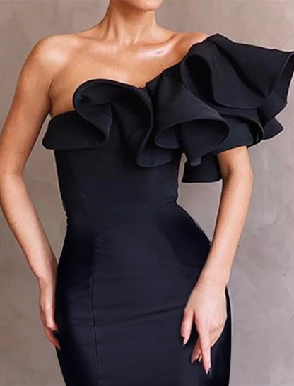 Wholesa Mermaid Black Dress Evening Gown Corsets Dress Formal Wedding Guest Floor Length Sleeveless One Shoulder Taffeta with Ruffles Shouder Flower