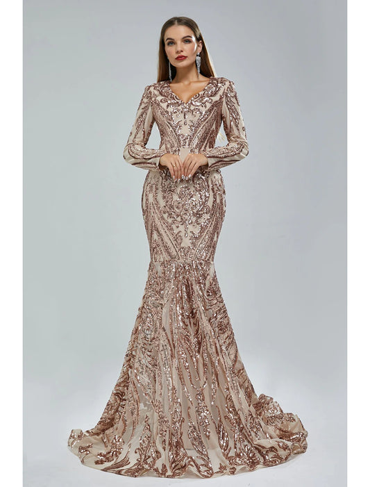 wholesale  Mermaid / Trumpet Evening Gown Sparkle & Shine Dress Formal Court Train Long Sleeve V Neck African American Lace with Sequin