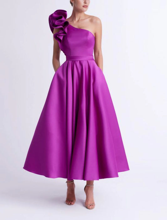 Wholesa A-Line Cocktail Dresses Elegant Dress Wedding Guest Party Wear Ankle Length Sleeveless One Shoulder Pocket Satin with Ruffles