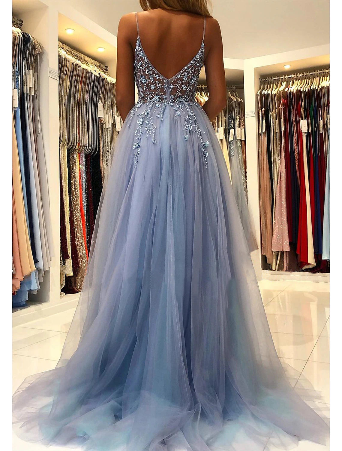 Wholesa A-Line Prom Party Dress Princess Dress Formal Prom Court Train Sleeveless V Neck Tulle with Beading