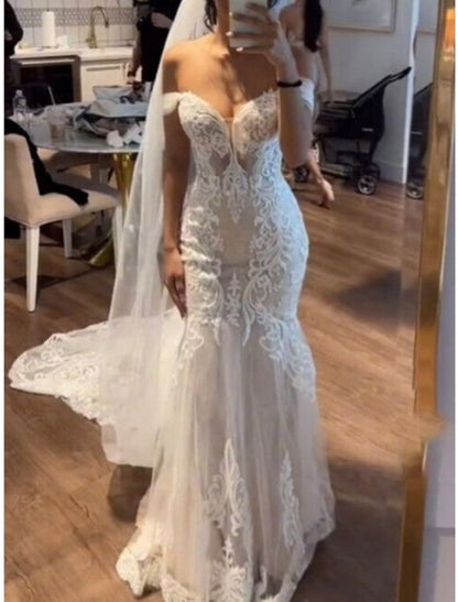 Wholesa Formal Wedding Dresses Mermaid / Trumpet Off Shoulder Sleeveless Court Train Lace Bridal Gowns With Pleats