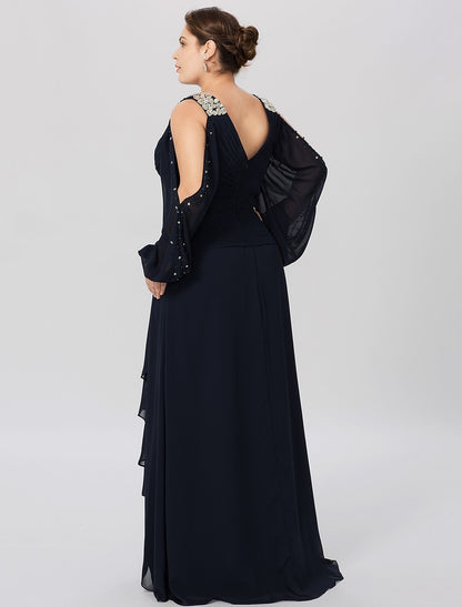 Wholesa  Sheath / Column Mother of the Bride Dress Plus Size Elegant High Low V Neck Asymmetrical Chiffon Stretch Satin Long Sleeve with Criss Cross Crystals