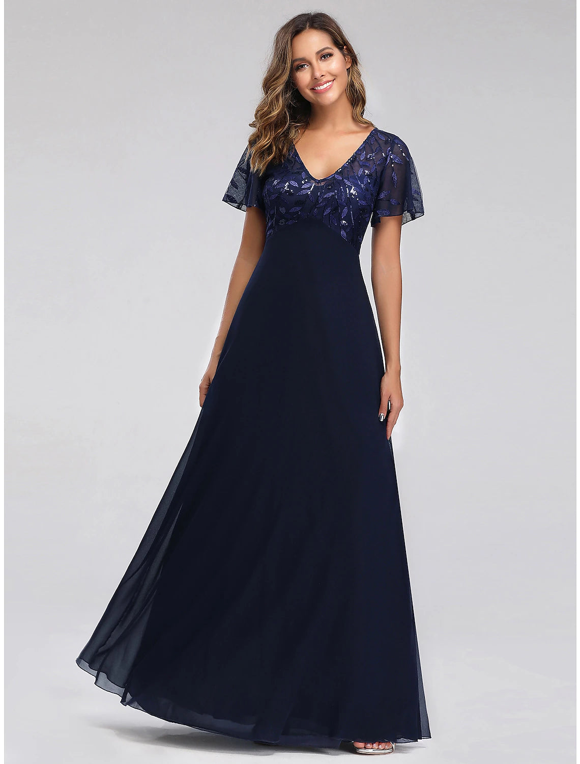 Wholesale A-Line Empire Party Wear Prom Dress V Neck Short Sleeve Floor Length Tulle with Sequin Appliques