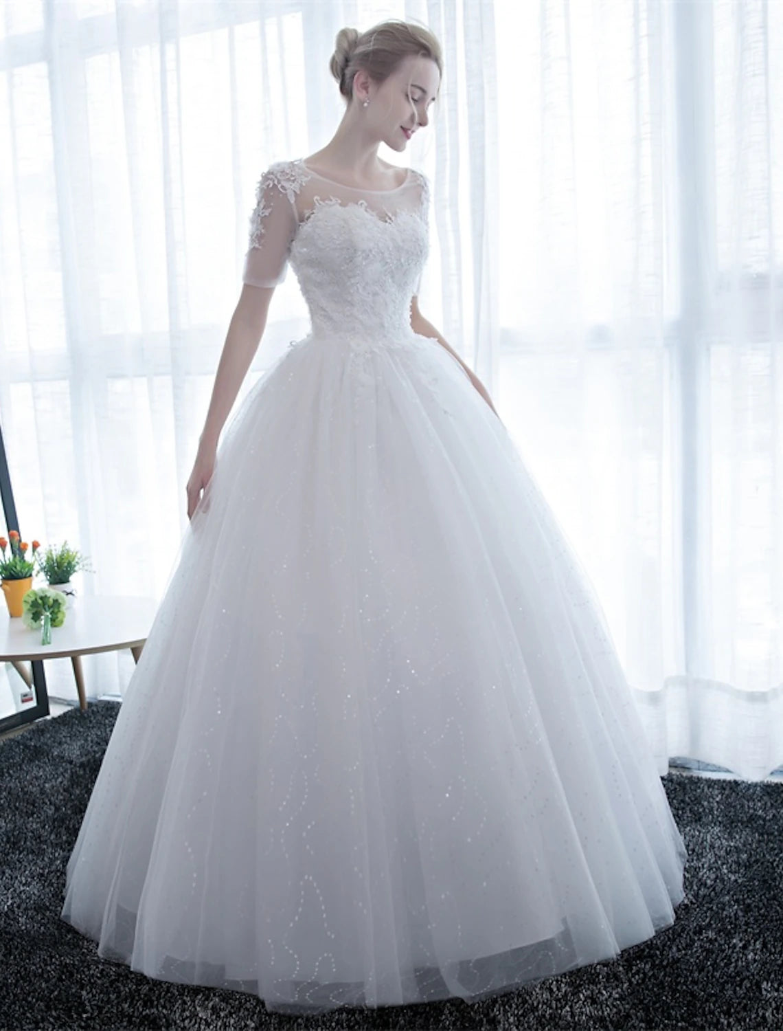 Wholesale Reception Formal Wedding Dresses Ball Gown Illusion Neck Half Sleeve Floor Length Satin Bridal Gowns With Lace 2023 Summer Wedding Party