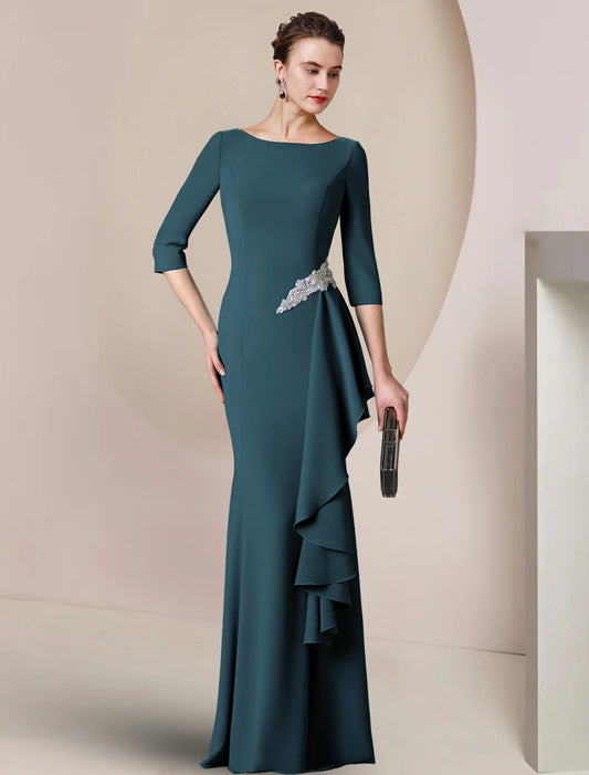 Wholesa  Sheath / Column Mother of the Bride Dress Wedding Guest Party Elegant Scoop Neck Floor Length Stretch Fabric 3/4 Length Sleeve with Crystal Brooch Ruching