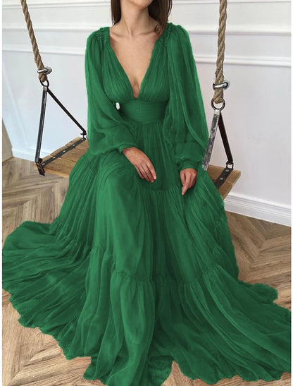 Wholesa A-Line Evening Gown Elegant Dress Red Green Dress Formal Wedding Guest Floor Length Long Sleeve V Neck Chiffon with Ruched