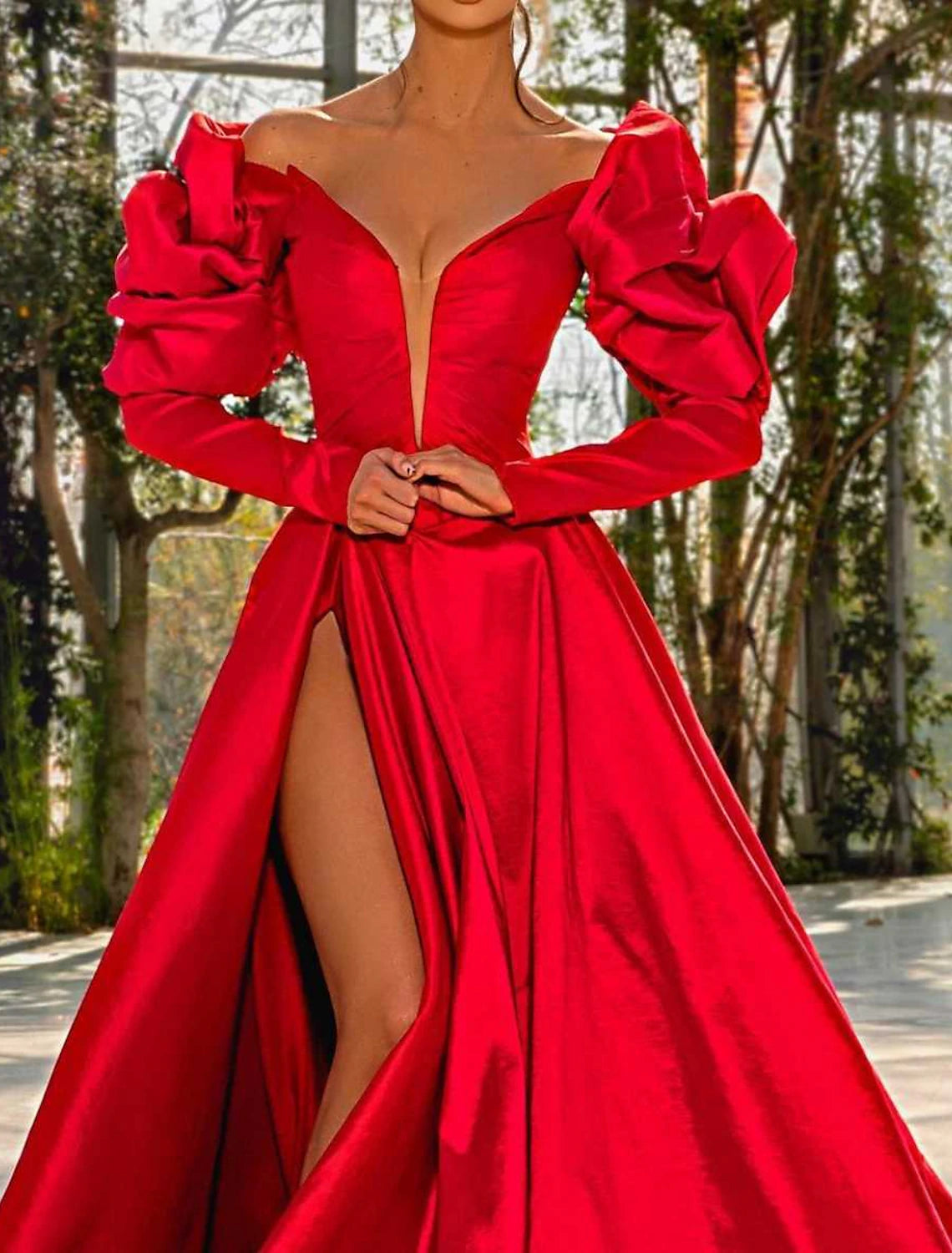 Wholesa A-Line Evening Gown Red Green Dress Masquerade Prom Court Train Long Sleeve V Neck Satin with Slit