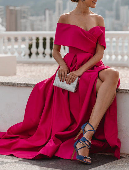 Wholesa A-Line Evening Gown Party Dress Celebrity Style Dress Formal Wedding Court Train Sleeveless Off Shoulder Bridesmaid Dress Satin with Ruched Slit