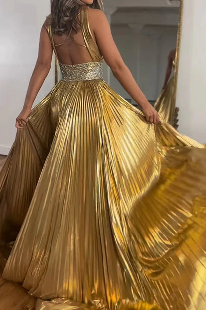 Wholesa Glitter Golden A-Line Beaded Metallic Long Prom Dress with Slit