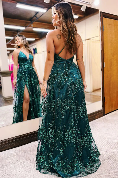 Wholesa Dark Green Sequin Lace V Neck Long Prom Dress with Slit