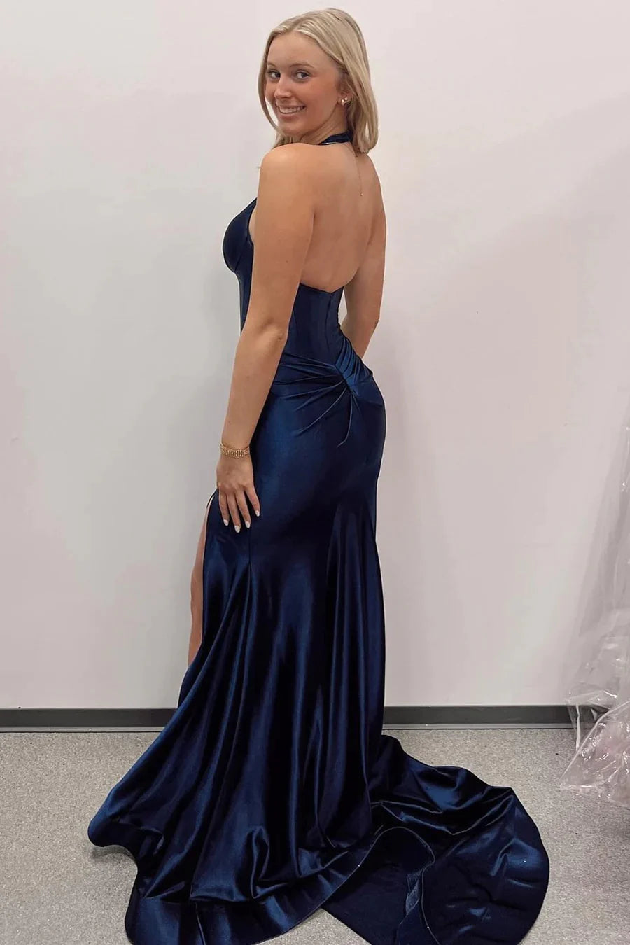 Wholesa Navy Halter Mermaid Long Prom Dress with Slit