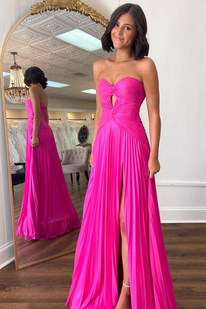 Wholesa Hot Pink Strapless Keyhole Pleated A-Line Prom Dress