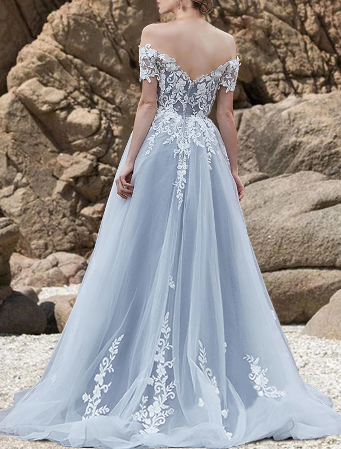 Wholesa Engagement Gothic Wedding Dresses in Color Formal Wedding Dresses A-Line Off Shoulder Short Sleeve Sweep / Brush Train Lace Bridal Gowns With Bow(s) Appliques