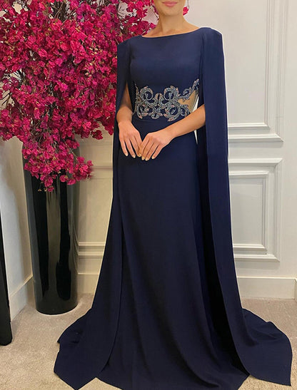 Wholesa A-Line Evening Gown Elegant Dress Formal Wedding Guest Court Train Sleeveless Jewel Neck Stretch Chiffon with Shawl