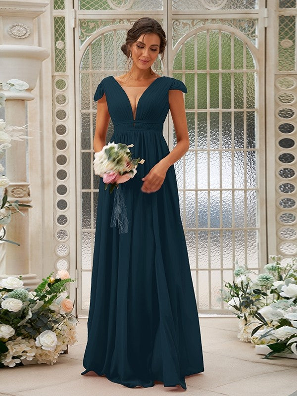 Wholesa A-Line/Princess Chiffon Ruffles V-neck Sleeveless Sweep/Brush Train Bridesmaid Dresses