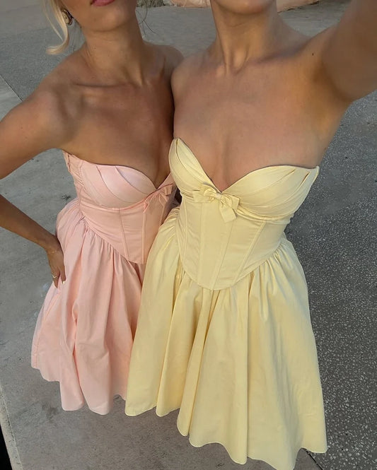 Aimishang Elegant Yellow Pink Sweetheart A-line Strapless Sleeveless Formal Prom Dress Lovely Wedding Guest Party Dress