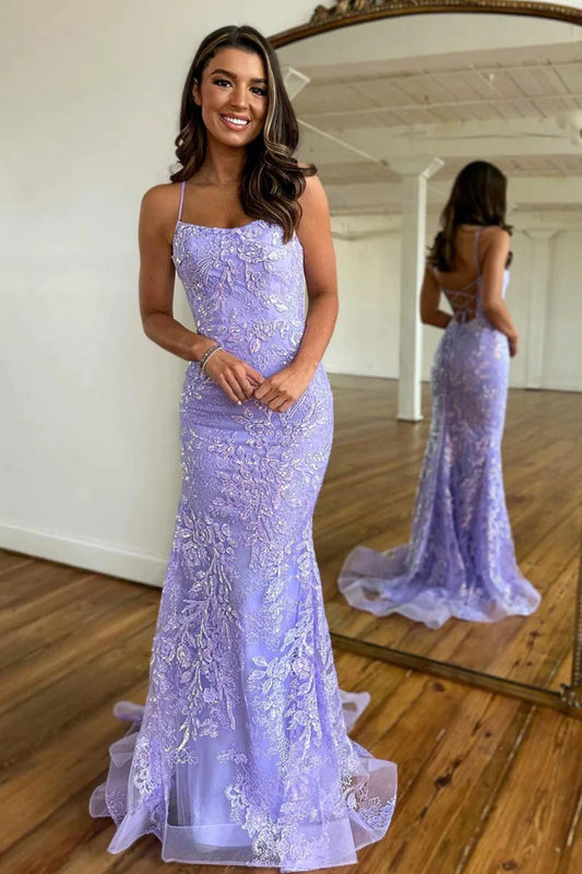 Wholesa Mermaid Scoop Neck Lilac Sequin Lace Long Prom Dresses