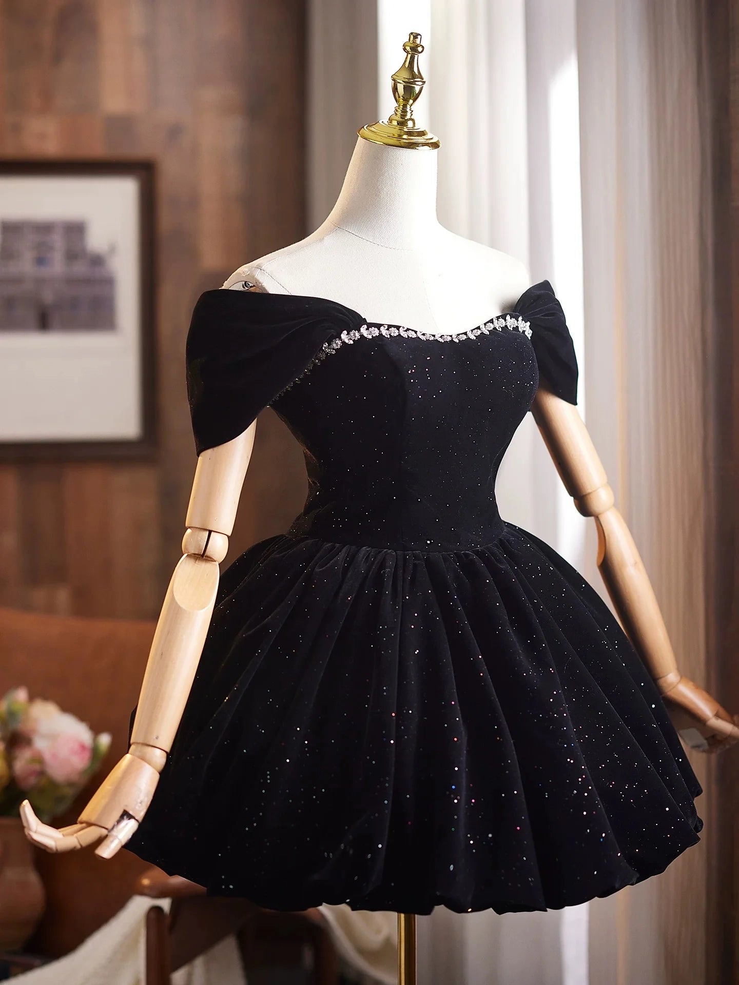 Aimishang Pretty Off the Shoulder A Line Black Short Formal Prom Dress Shiny Homecoming Dress