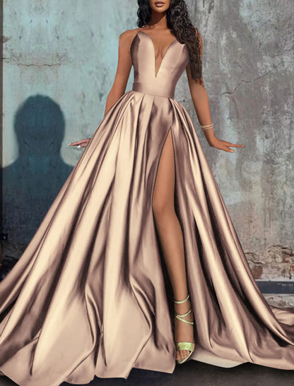 Wholesa A-Line Evening Gown Red Green Dress Formal Wedding Party Court Train Sleeveless Strapless Satin with Pleats Slit