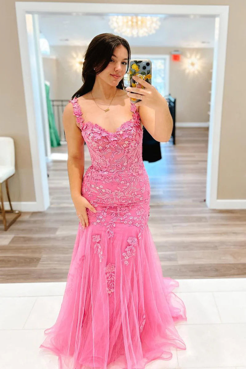 Wholesa Pink Mermaid Off the Shoulder Tulle Long Prom Dress with Appliques