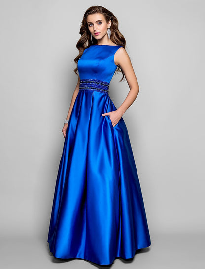 Wholesale A-Line Elegant Dress Wedding Guest Floor Length Sleeveless Boat Neck Pocket Satin with Pleats Beading