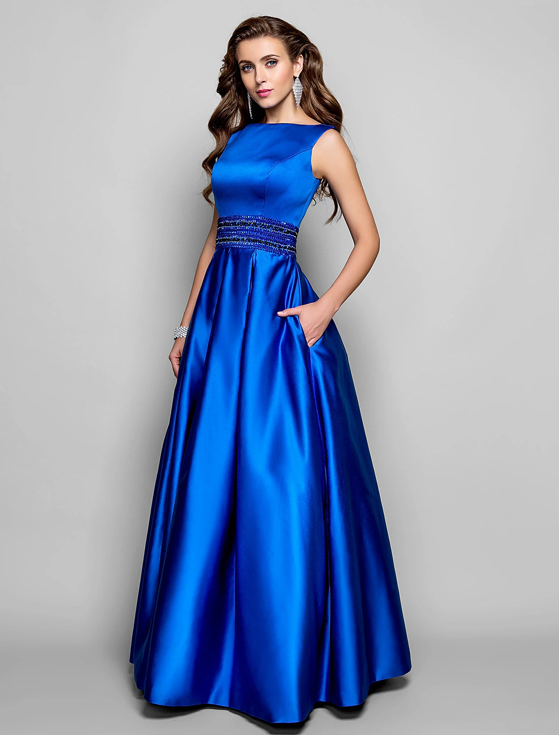 Wholesa A-Line Elegant Dress Wedding Guest Prom Floor Length Sleeveless Boat Neck Pocket Satin with Pleats Beading