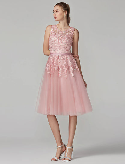 wholesale  A-Line Cute Dress Cocktail Party Knee Length Sleeveless Illusion Neck Tulle Over Lace with Beading Appliques