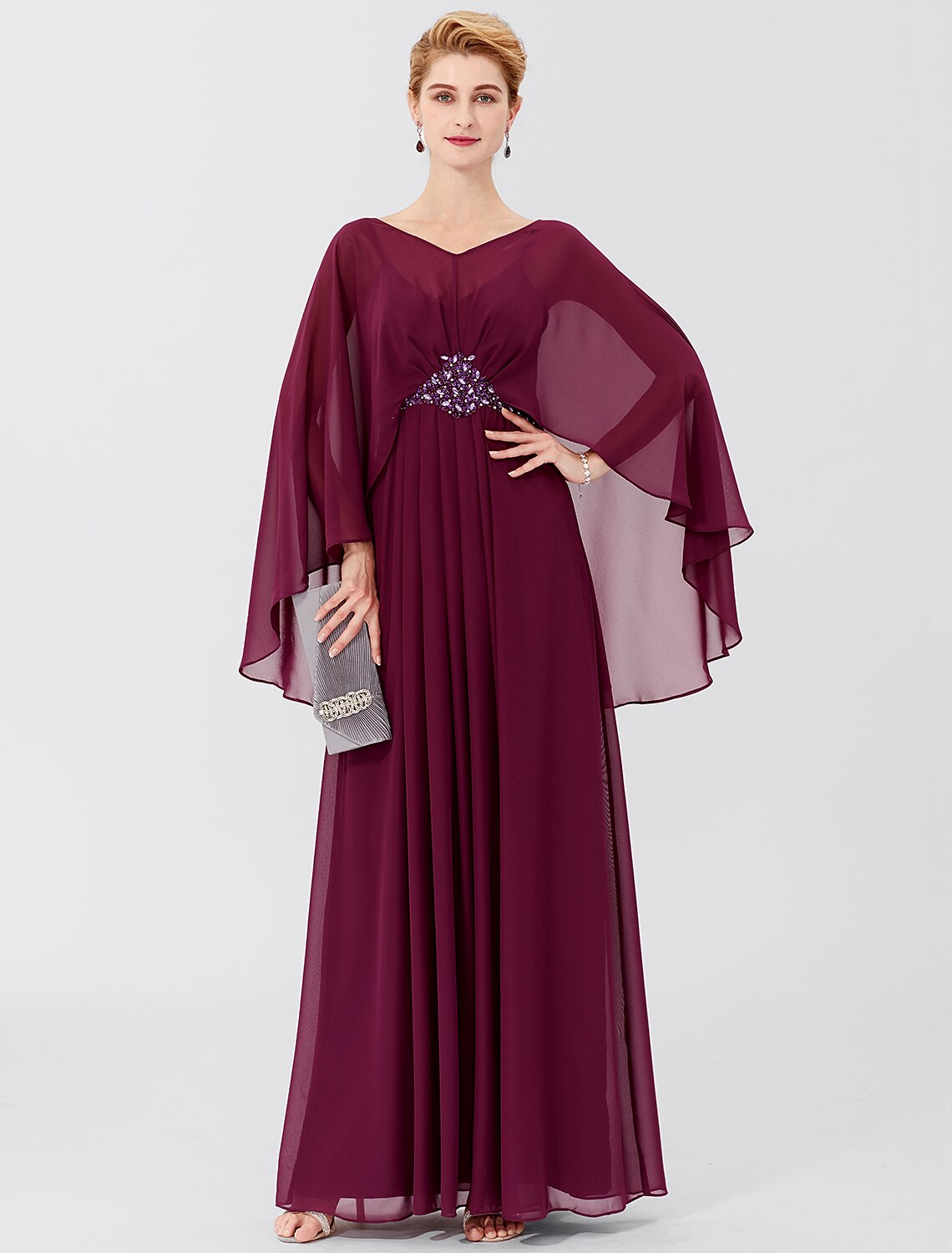 Wholesa  Sheath / Column Mother of the Bride Dress Formal Classic & Timeless Elegant & Luxurious Elegant V Neck Floor Length Chiffon Long Sleeve with Pleats Beading