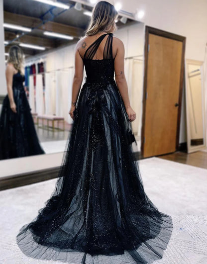 Wholesale A-line Tulle Black Prom Dress Formal Sleeveless with 3D Appliques